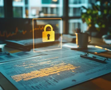 glowing-lock-icon-overlaying-financial-documents-desk